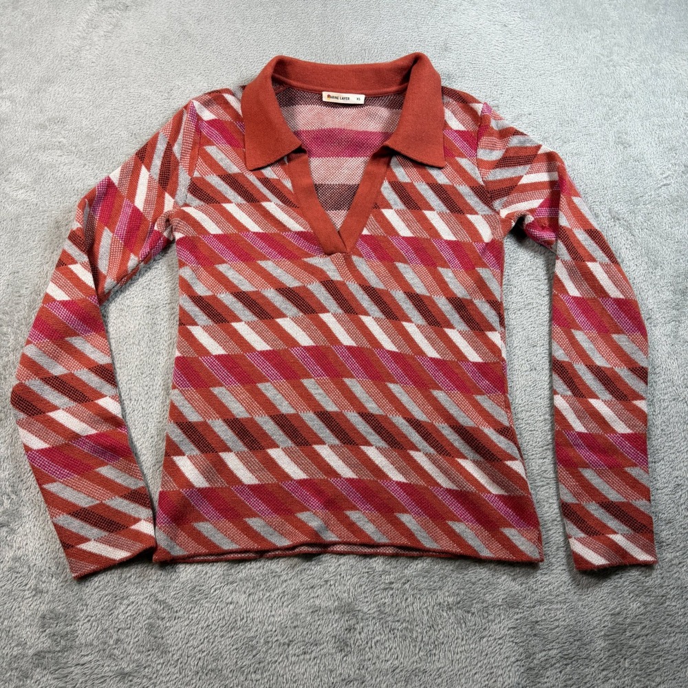 Marine Layer Morgan Polo V Neck Sweater Womens Medium Retro Red Silk Wool Blend